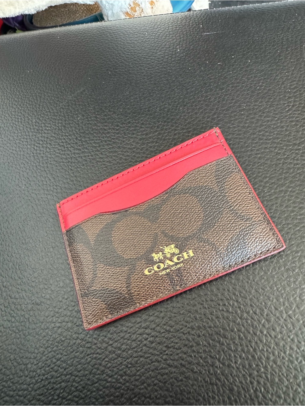 Coach Brown Signature Card Holder with Red Trim